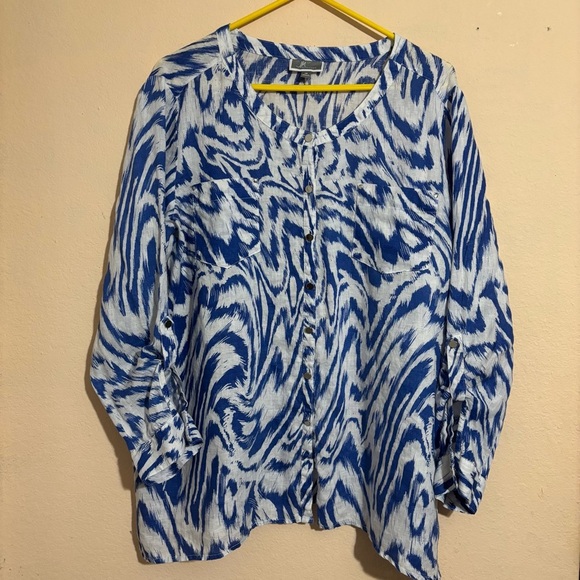 JM Collection Tops - JM Collection 100% Linen Blue White Blouse Shirt Top size 18 long sleeve